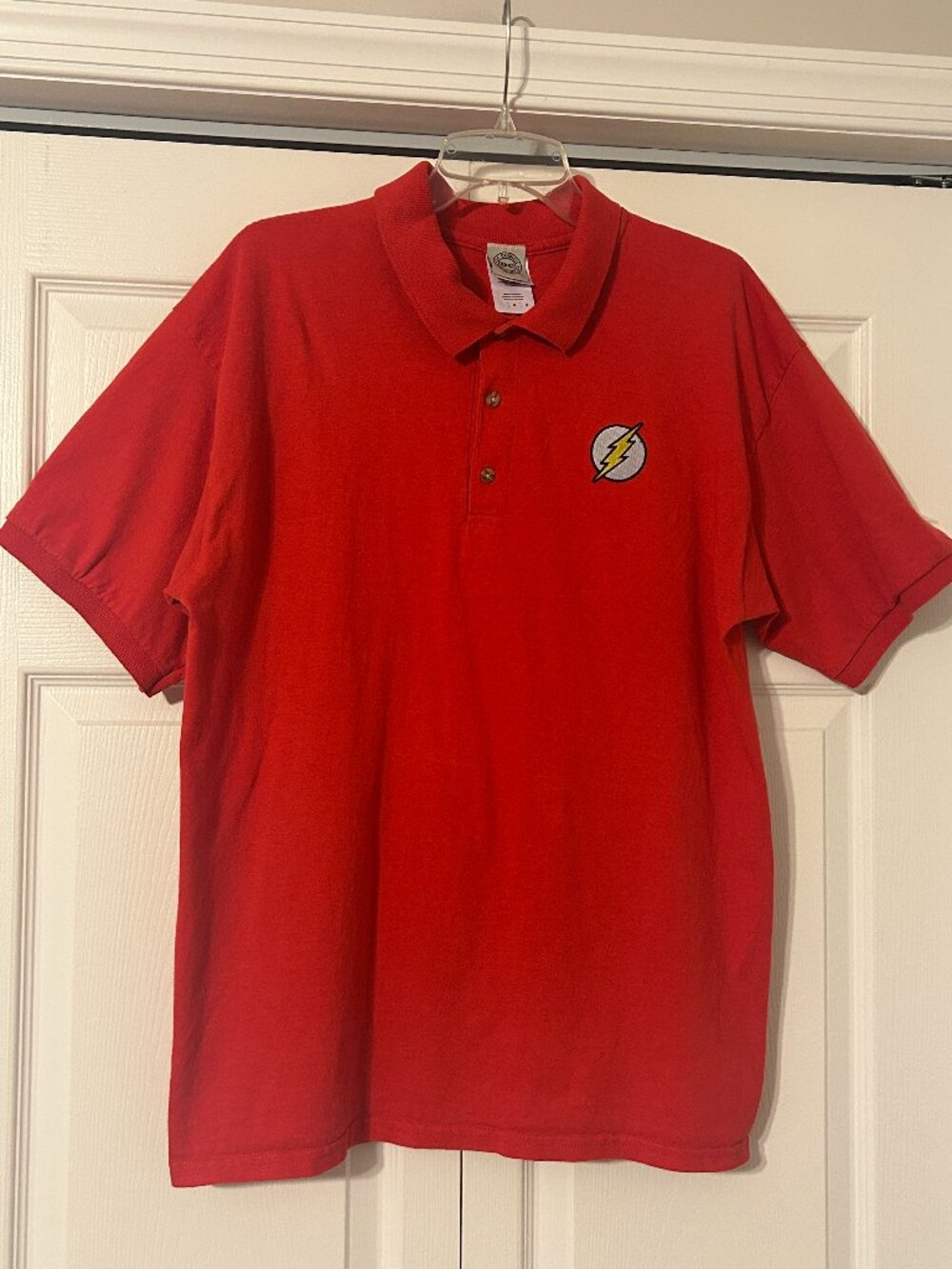 Mens Vintage DC COMICS Flash Sz L Red Short Sleeve Embroidered Polo Shirt Top